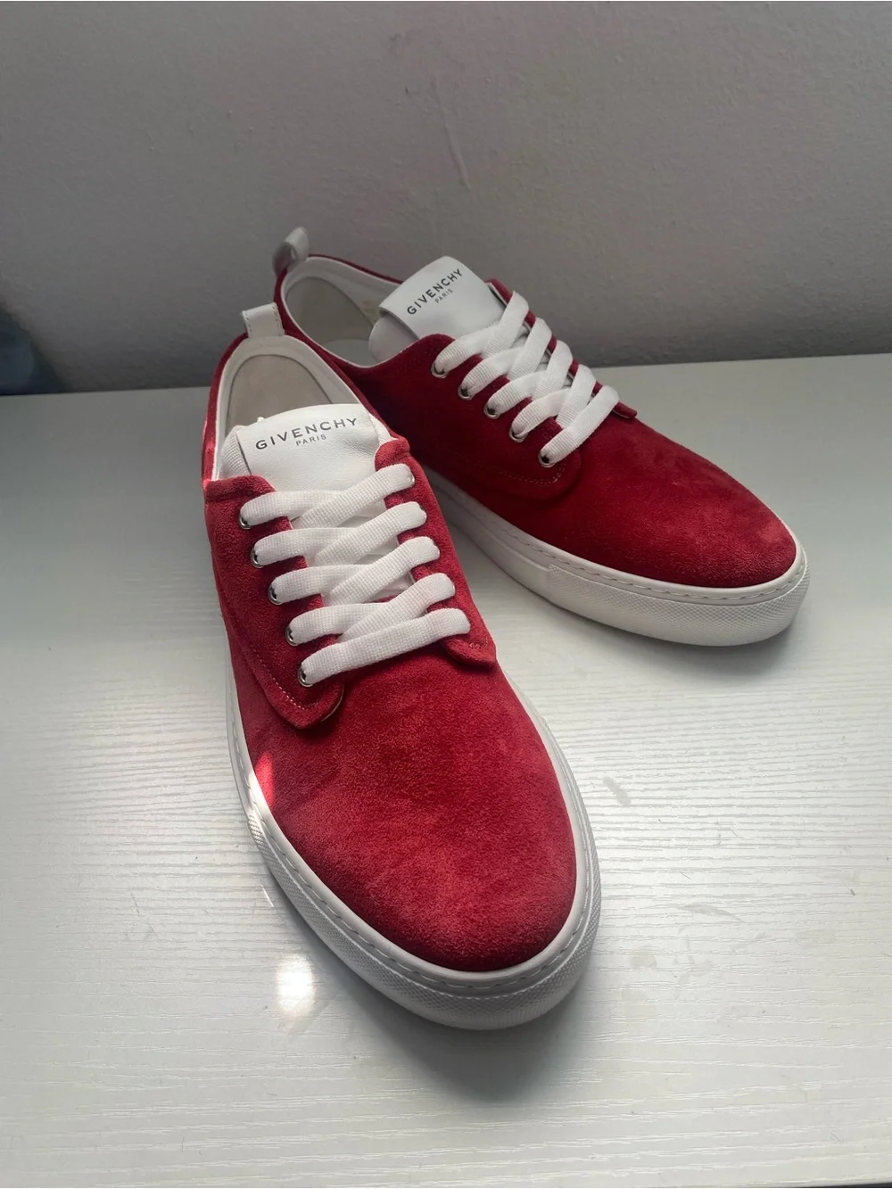 Givenchy Men’s Red Suede Low-Top Sneakers with White Accents